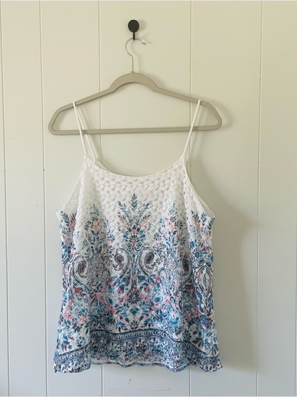 Charming Charlie White Tank Top with Blue and Pink Floral Print